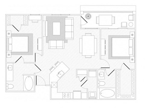 Floor plan for 2 beds, 2 baths, 1102 sqft